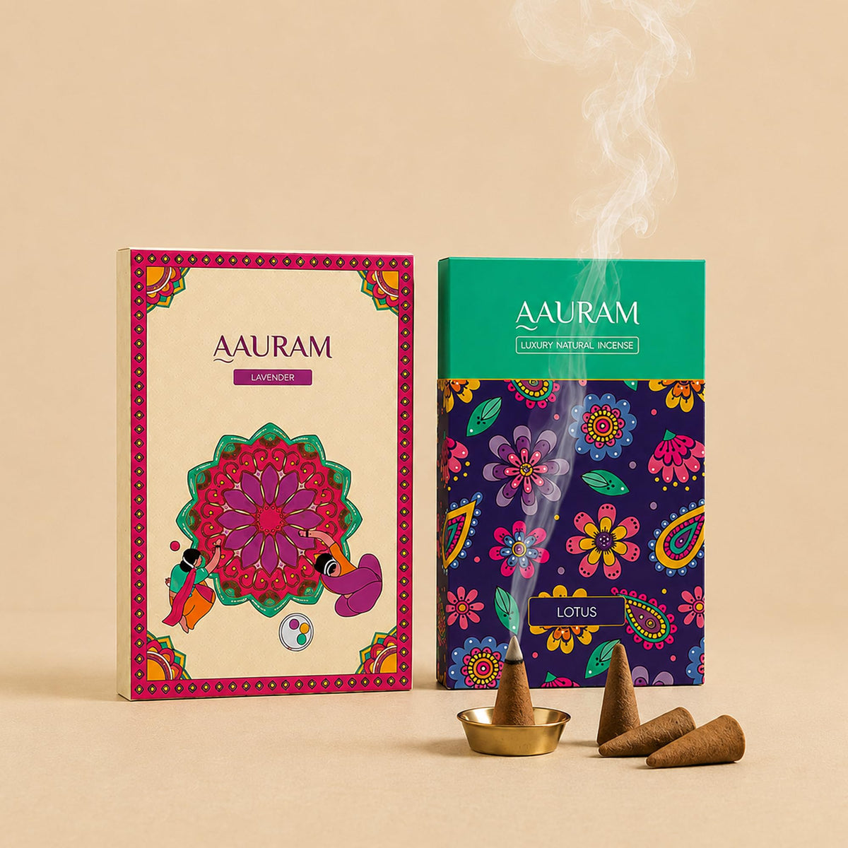 Lavender & Lotus Natural Incense Dhoop Cone - Pack of 2 | 60 Premium Organic Charcoal-Free Cones with Ceramic Holder | Dhoop Cones for Pooja, Aarti & Meditation