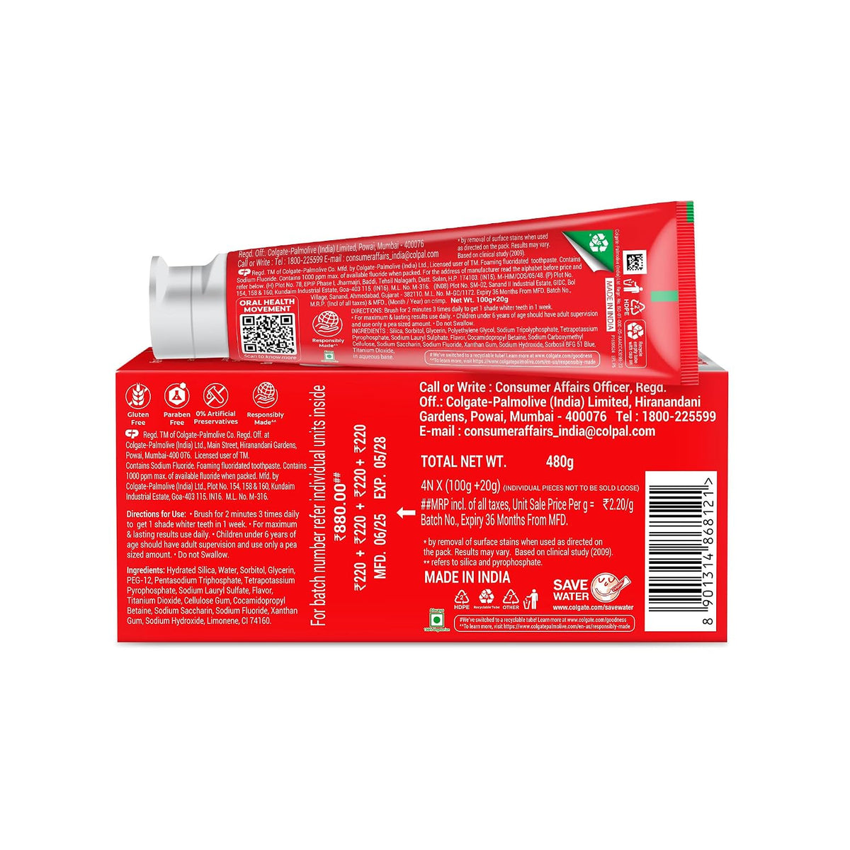 Colgate Visible White Teeth Whitening Toothpaste, Protects Enamel, Removes Stains, With Whitening Accelerators, 480g, 120g X 4 100 g (Pack of 4)