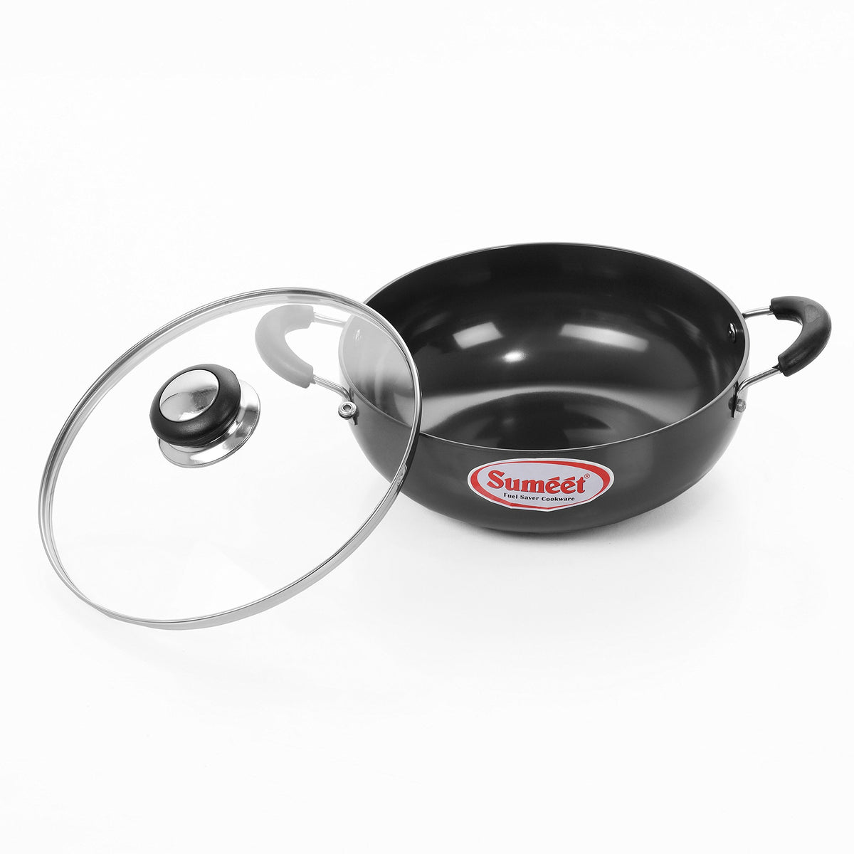 Sumeet Aluminium 3mm Hard Anodized Deep kadai with Glass Lid (17cm Dia. 750ML Capacity , Small Size No. - 9 , Black ) 750ML Glass Lid