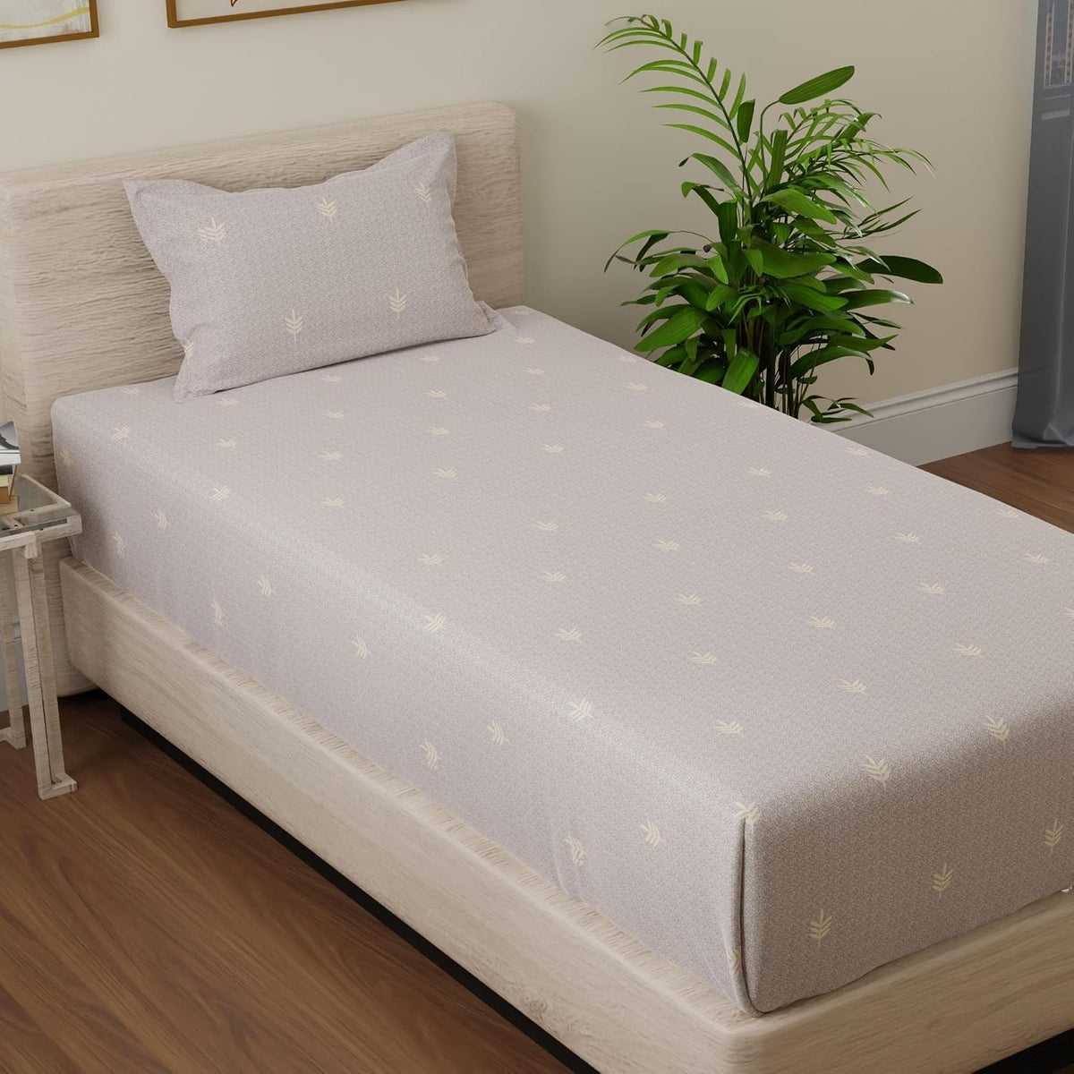 HUESLAND by Ahmedabad Cotton 144 TC Cotton Bedsheet Single Bed with 1 Pillow Cover | Oat Brown & White Flat Bedsheet - Single Oat Brown & White