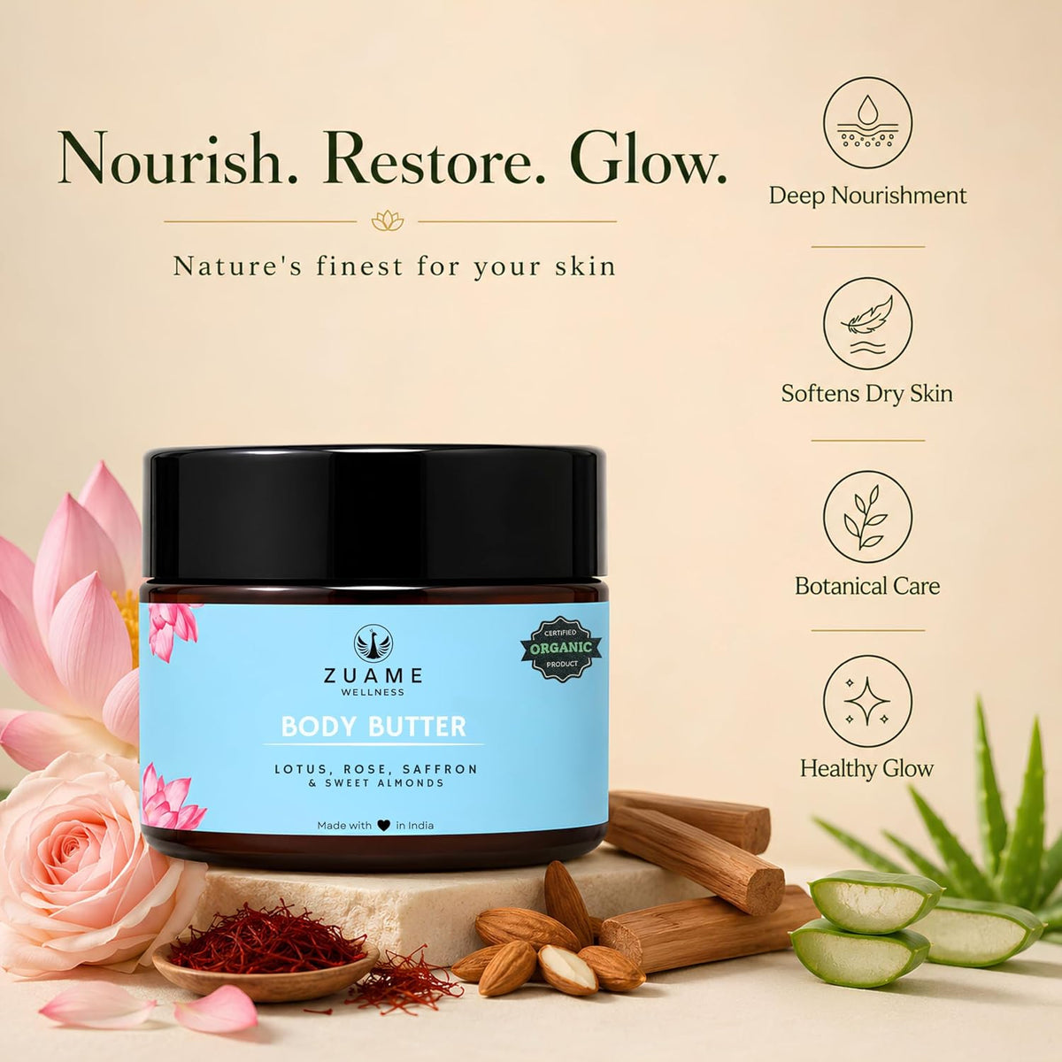 Body Butter | Siddha Inspired Deep Moisturising Body Butter with Lotus, Rose, Saffron, Sandalwood & Sweet Almonds | For Dry Skin, Certified Organic, 100% Natura