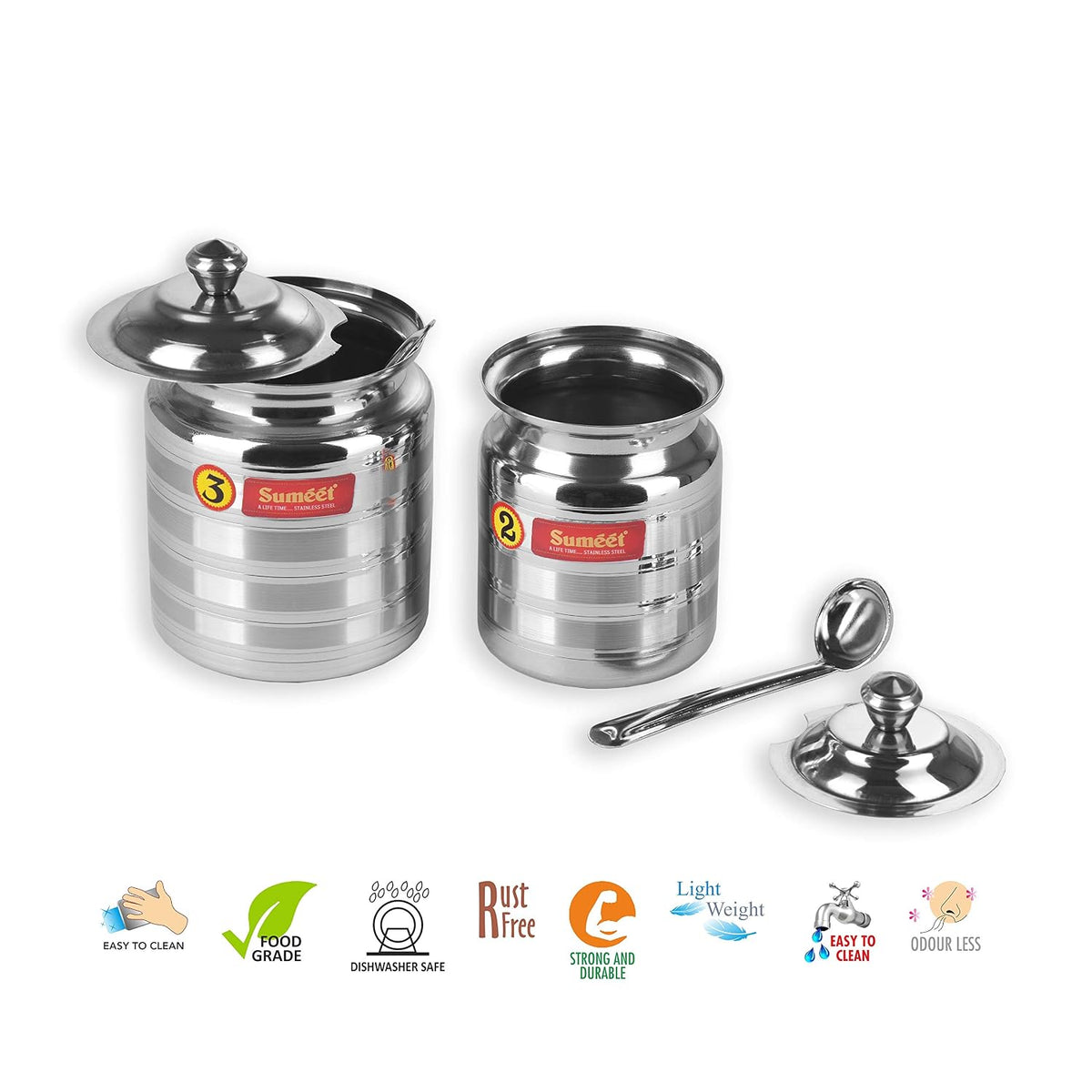 Sumeet Stainless Steel Pot Set for ghee; oil with lid and spoon to scoop out 2 Piece combo of 350ml; 500ml; Silver