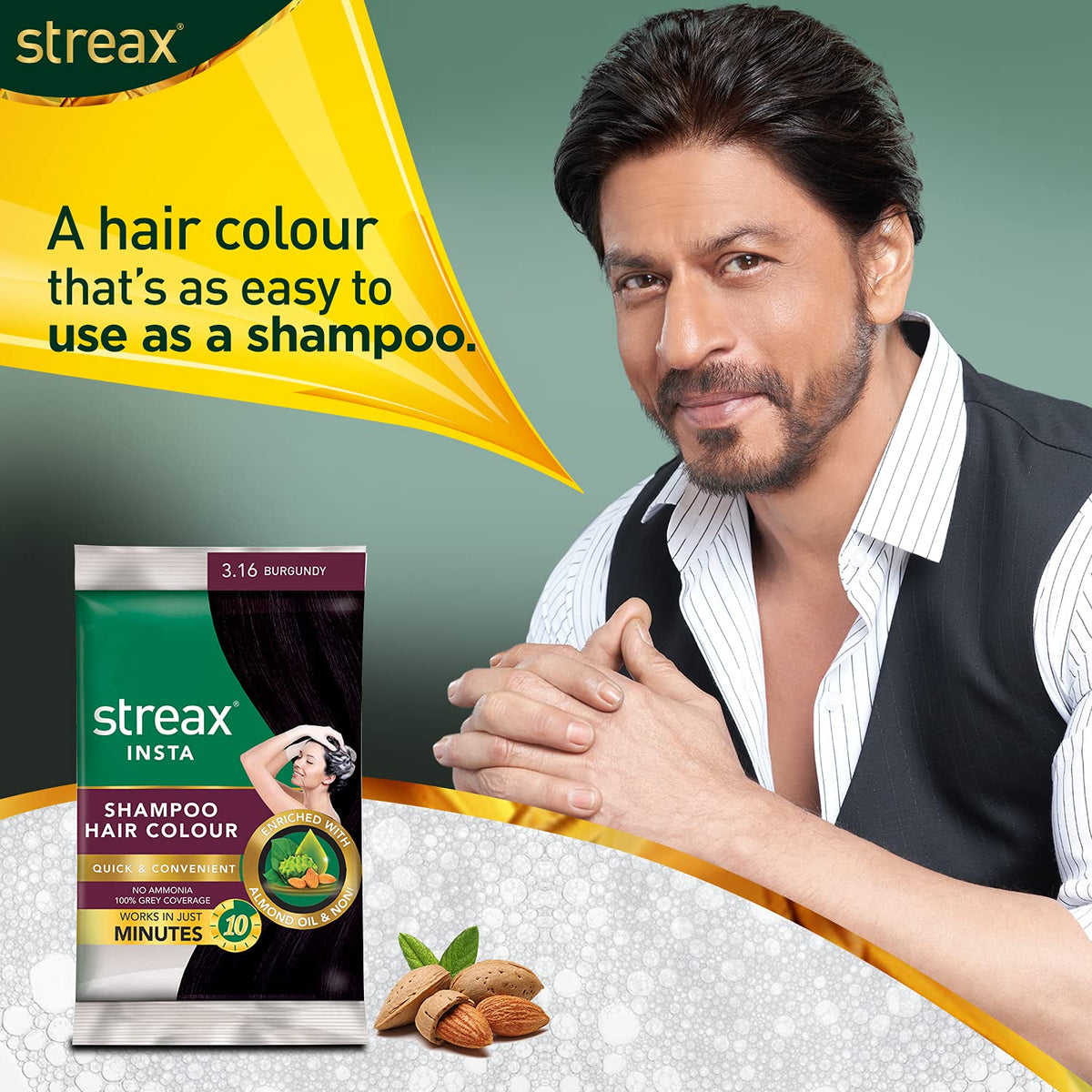 Streax Insta Shampoo Hair Colour For Men's & Women's, Burgundy, 18Ml (Pack Of 16) | Enriched With Almond Oil & Noni Extracts | Long-Lasting Instant Colour Burgu