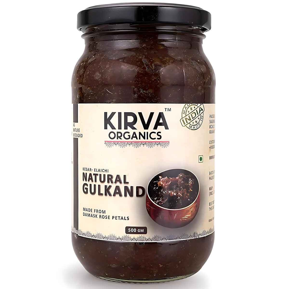 Kirva Organics Natural Gulkand 500g | Sun-Cooked Damask Rose Petals & Rock Sugar | Infused with Kesar & Elaichi | Ayurvedic Digestive & Natural Body Coolant | N