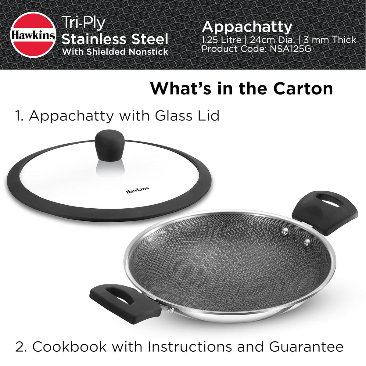 Hawkins 1.25L Breakfast Pan, Nonstick Triply Stainless Steel Appachatty with Glass Lid, Chetty Pan, Appam Patra, Honeycomb Round Bottom Small Kadai, Siler (NSA1