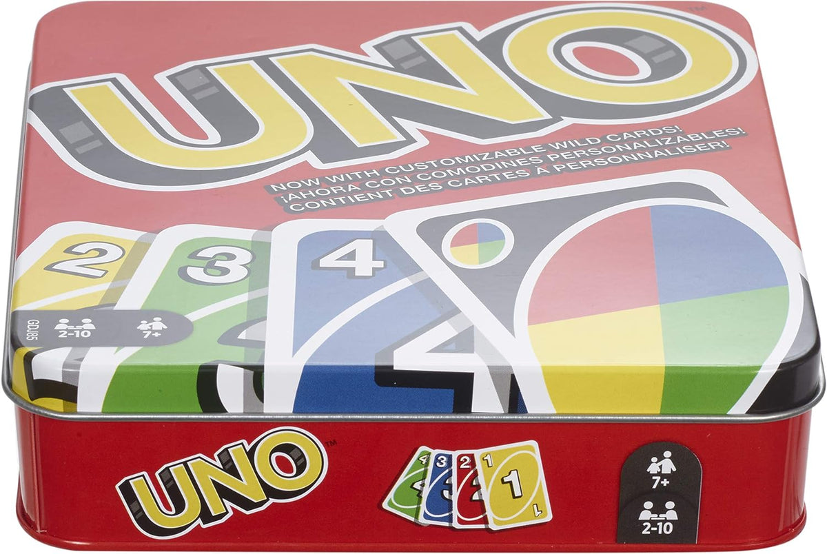 Mattel Games UNO Card Game with 2 Add On Packs with Storage Tin UNO w/Add-On Reverse + Stack Packs