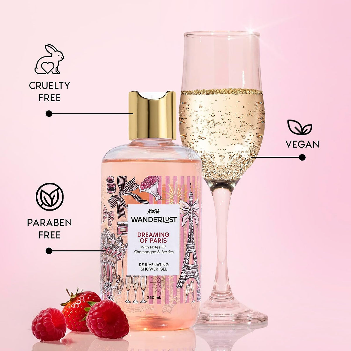 Nykaa Wanderlust Dreaming of Paris Fruity Perfume Body Wash, Champagne & Berries, Barrier Repair & Hydrating Shower Gel for Smooth & Soft Skin, Long-lasting Fra