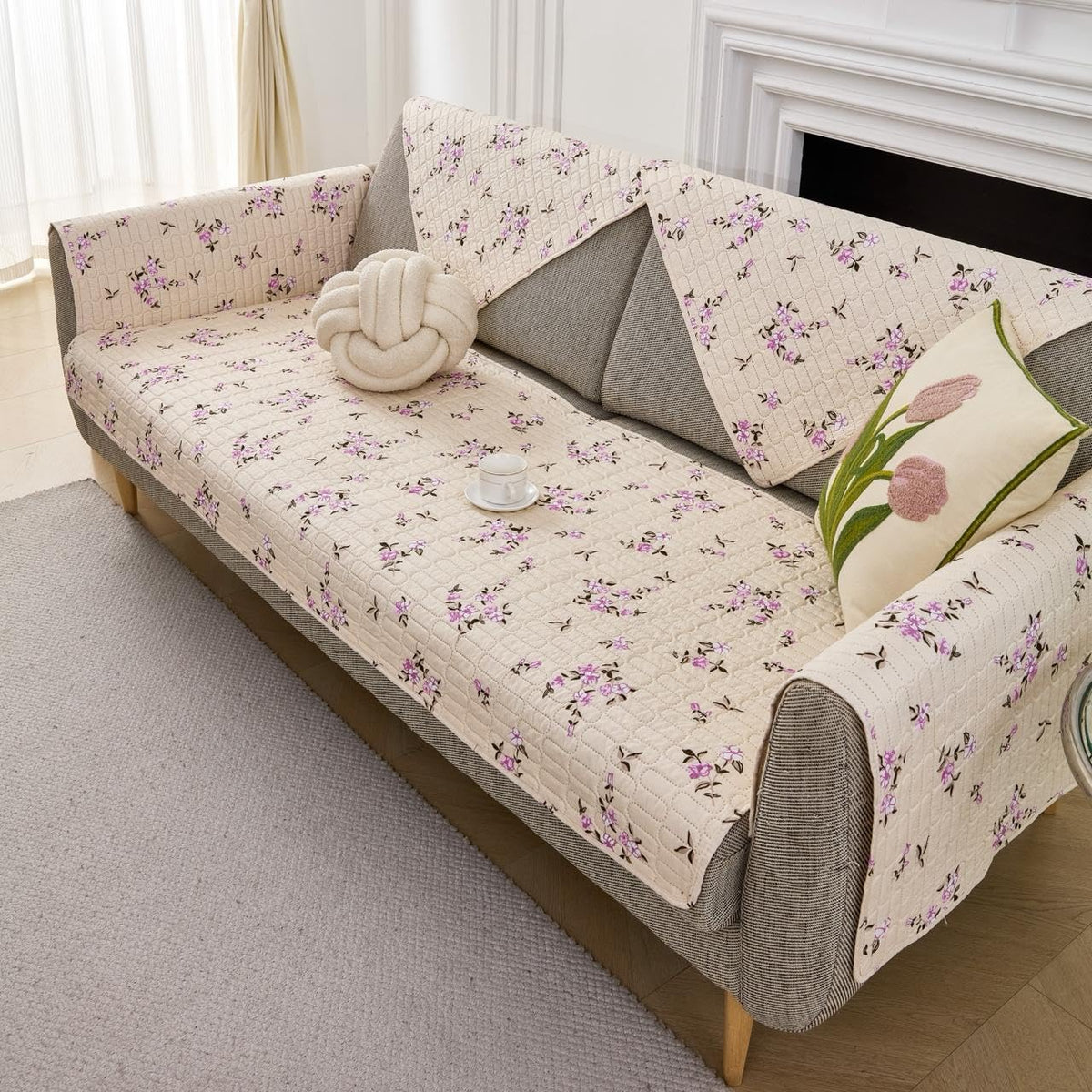 HOMETHREADS Anti-Skid Sofa Protector Mat: Premium Printed Cotton Slipcover with Strong PVC Non-Slip Backing (Beige, 2 Seater | 140x75cm) Beige 2 Seater | 140x75