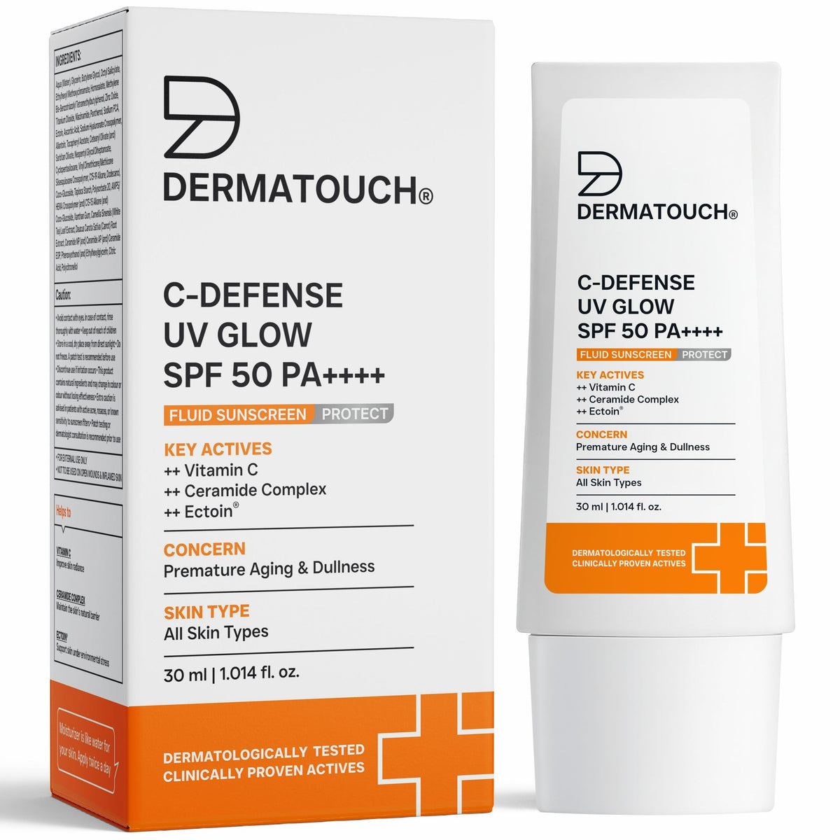 DERMATOUCH C-Defense SPF 50 PA++++ Fluid Sunscreen with Vitamin C & Ceramides | Broad Spectrum | For Premature Aging, Dullness & Sunburn | Zero White Cast | Lig