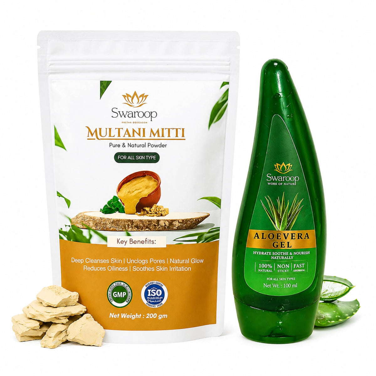 Multani Mitti & Aloe Vera Gel Combo for Skin Care (200g+100ml) | Natural Face Gel, Face Pack Gentle on All Skin for Tan Remover, Moisturizing, Soothing , Cleans