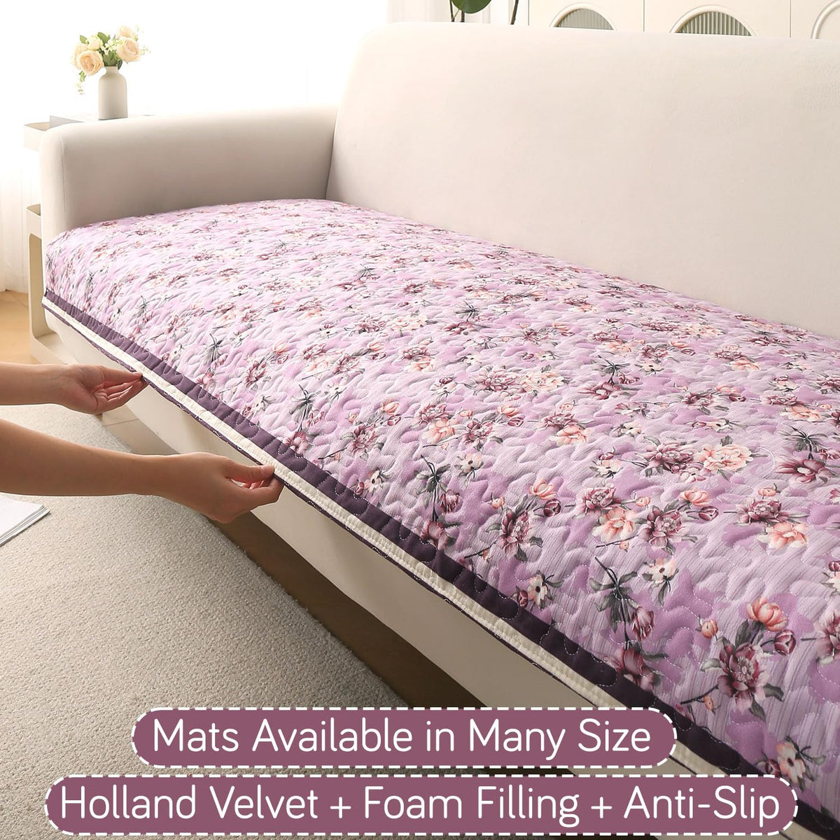HOKIPO Florentina Sofa Cover Mat 4 Seater 220 cm, Peony Lavender Peony Lavender Mat - 1 Pc Seat - 220 cm