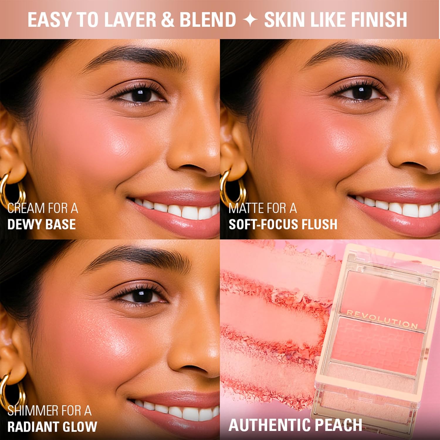 Revolution Blush Icon Palette- Authentic Peach | Cream‑Matte‑Shimmer Trio with Hyaluronic Hydration | Highly Pigmented & Buildable | Long‑Lasting Flush for Indian Skin Tones- 9.8g