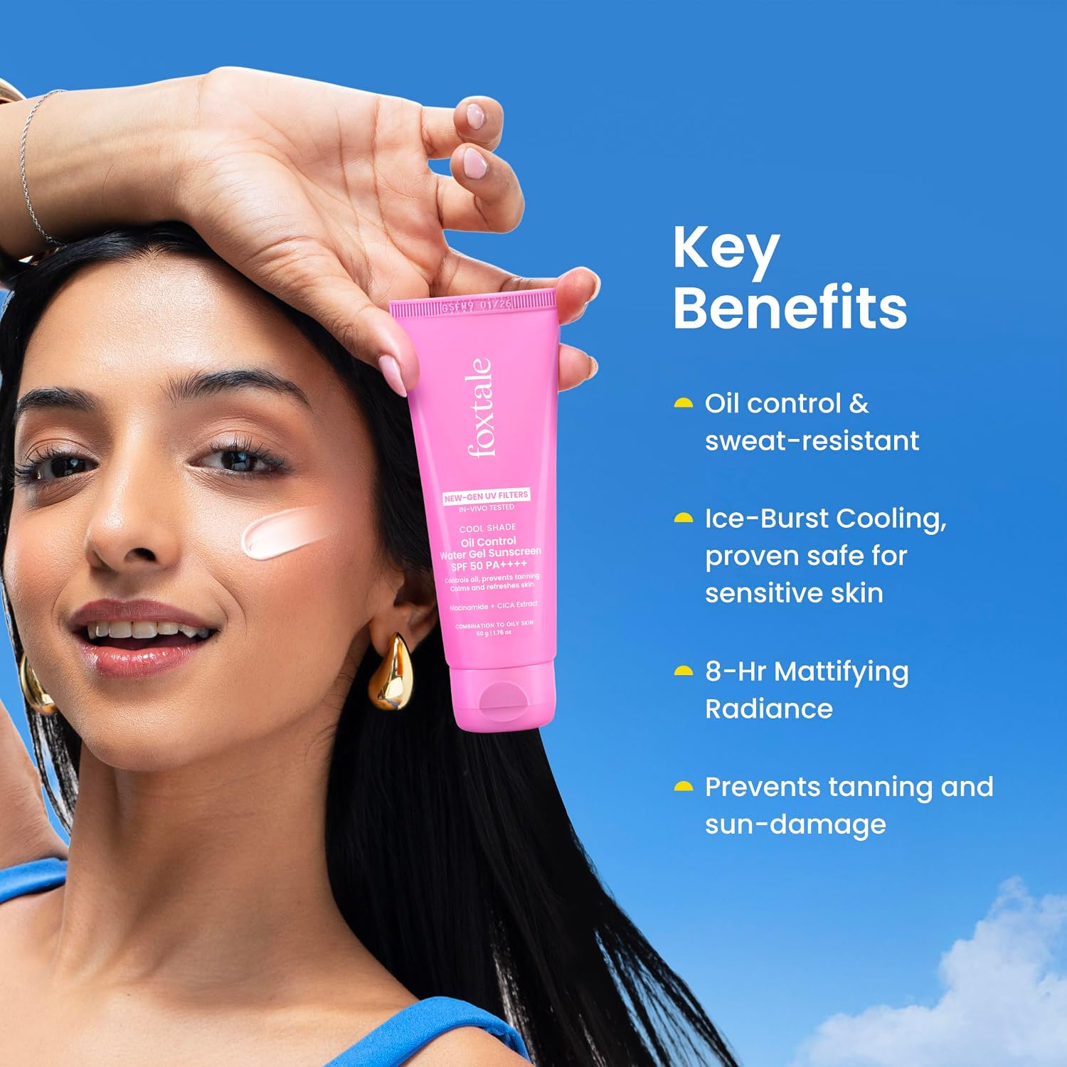 Foxtale Ice-Burst Gel Sunscreen SPF 50 PA++++ for Oily Skin, In-Vivo Tested & 100% New-Gen UV Filters | Prevents Tan, Controls oil, & Mattefies | Lightweight, Non-Greasy, No White Cast | For Men & Women | 50ml