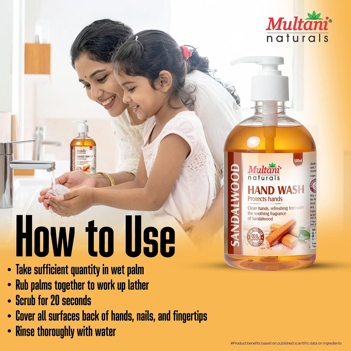 Multani Natural Sandalwood Hand Wash - 500 ml | Gentle Hand Cleanser With Natural Ingredients | Moisturizing Hand Wash | 99.9% Germ Protection Liquid Hand Wash
