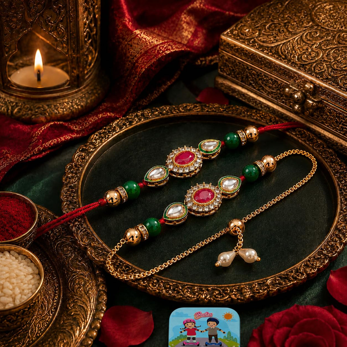 CraftVatika Rakhi Set for Brother and Bhabhi, Lumba Floral Rakhi Kundan Bracelet Rakhis for Bhaiya Bhabhi Rakhis for Rakshabandhan Couple Pearl Set of 2 with Fr
