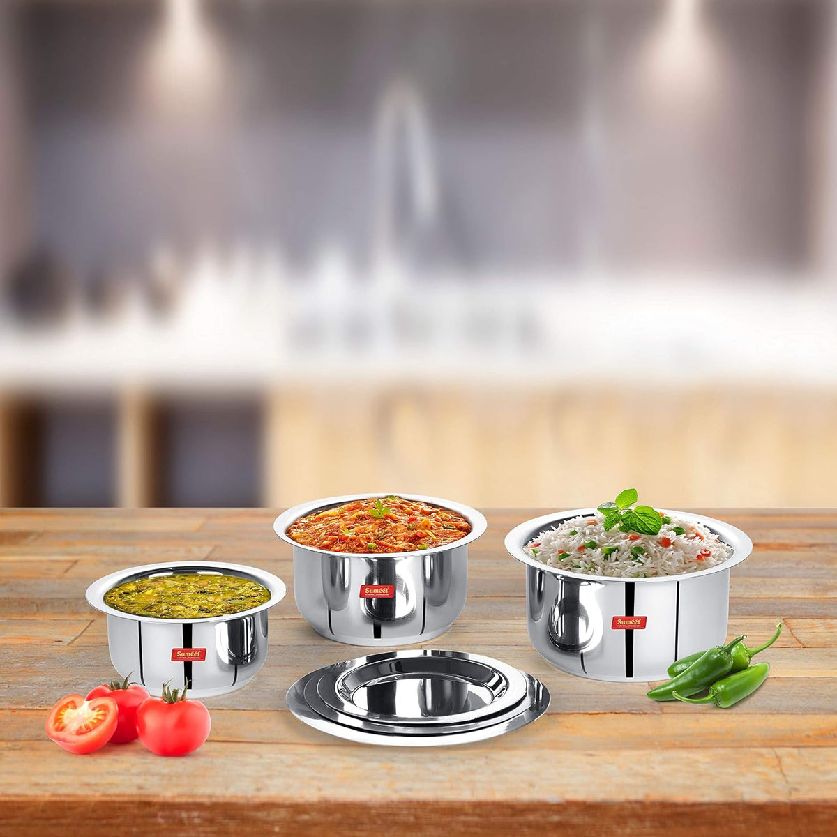 Sumeet Stainless Steel Tope/patila/cookware with Lids, 370, 550, 800ml, 3 Piece (Steel) Set of 3 Pieces with Lids (370 ml, 550 ml, 800 ml)