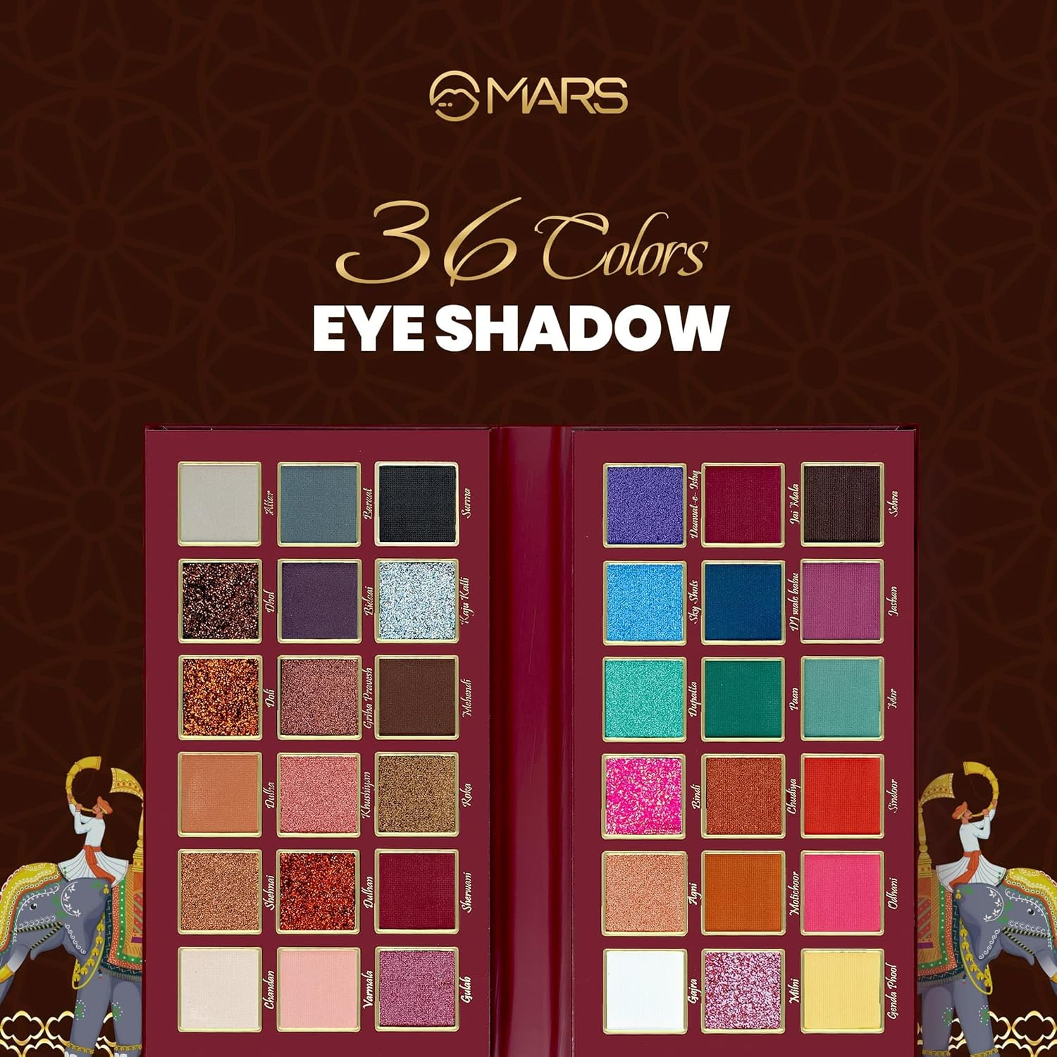 MARS Jashn-e-Shringaar 36 Color Eyeshadow Palette | Matte, Shimmer & Glitter Shades | Highly Pigmented Party Palette (36.0 gm) (Multicolor)