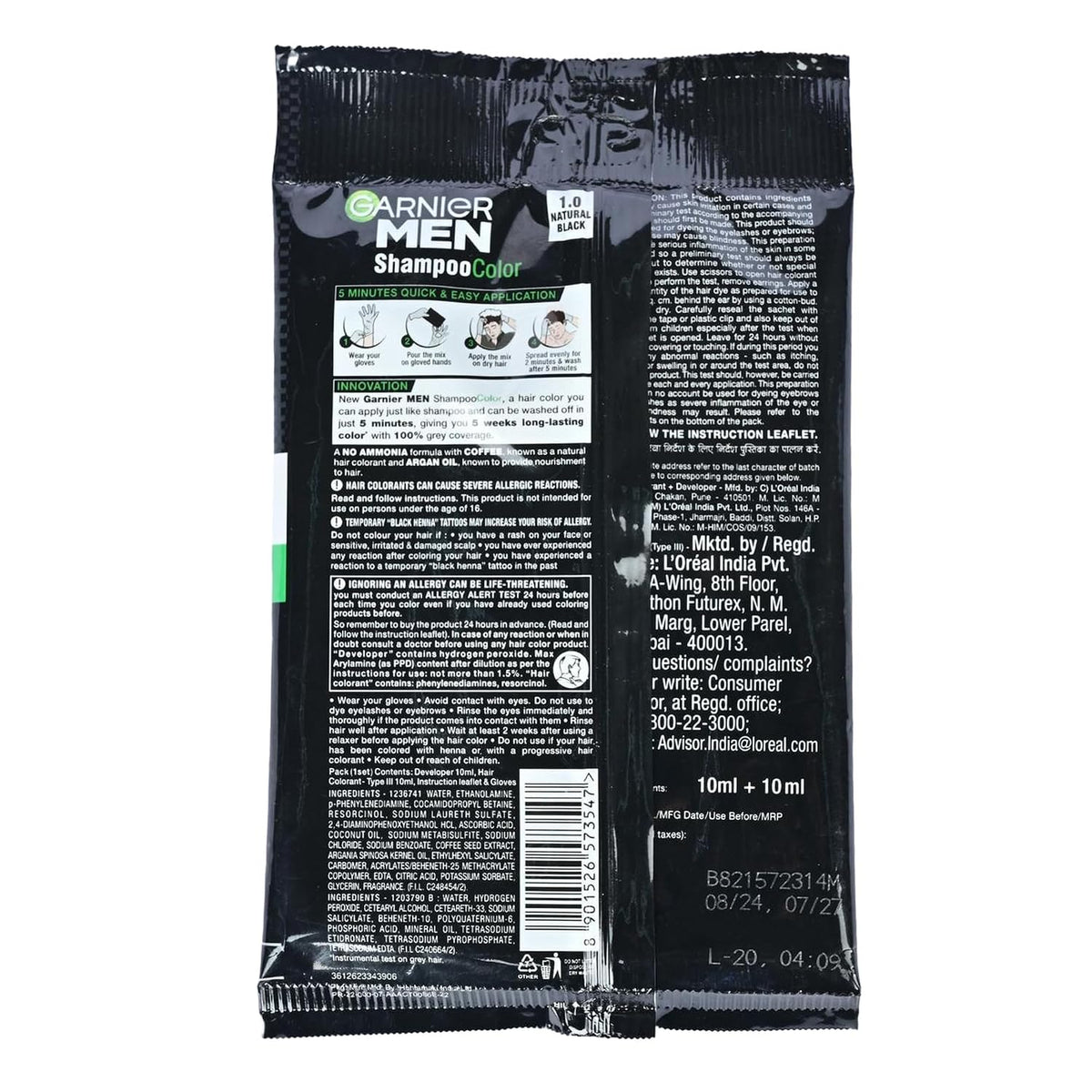 Garnier Hair Color Shampoo for Men, 1.0 Natural Black, 20 ml