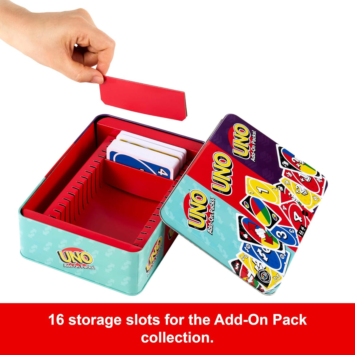 Mattel Games UNO Card Game with 2 Add On Packs with Storage Tin UNO w/Add-On Reverse + Stack Packs