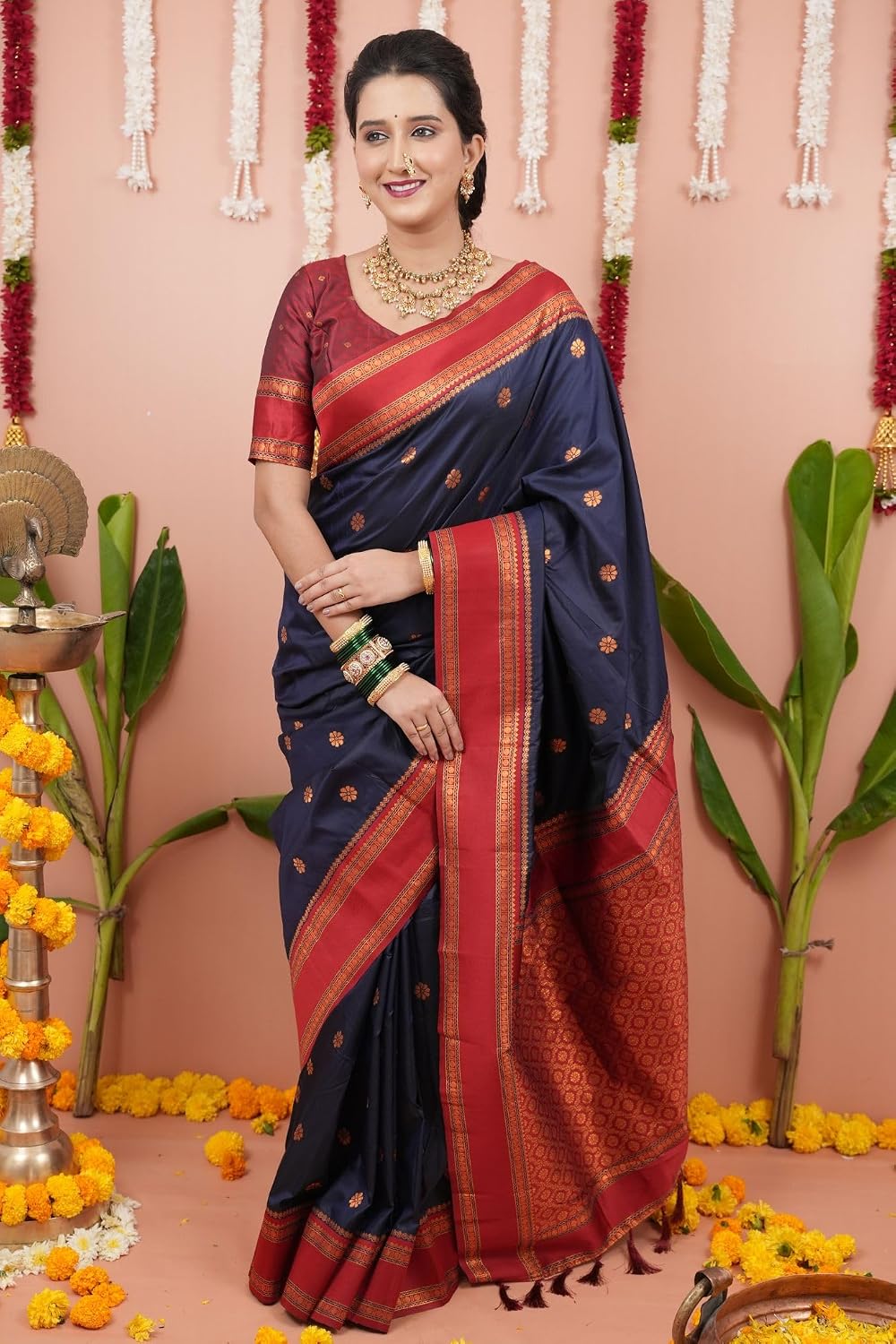 SGF11 Women's Kanjivaram Soft Silk Saree With Blouse Piece 6.3metres Dark Blue