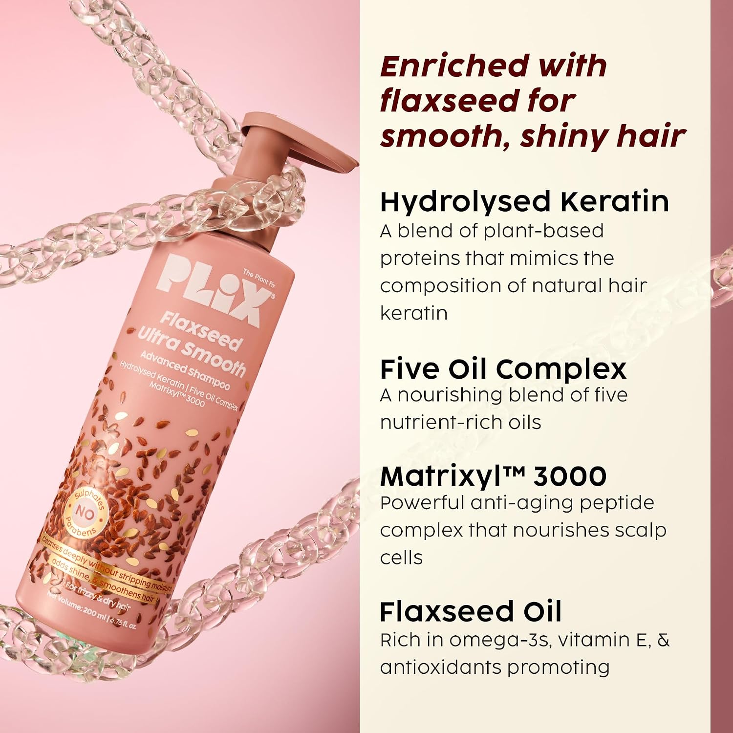 PLIX - THE PLANT FIX Flaxseed Ultrasmooth Advanced Shampoo | Plant Keratin PF & Flaxseed Oil | For Smooth & Shiny Hair | Paraben & Sulphate Free | For Men & Women | 200ml