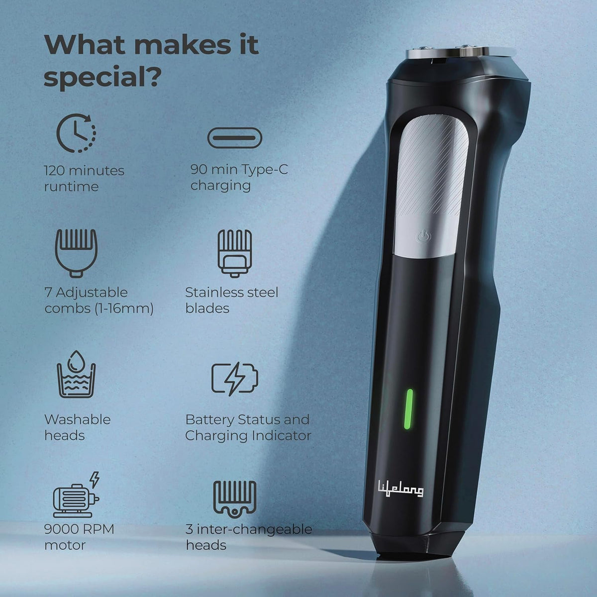 Lifelong Trimmer for Men All in One|Trimmer Men Beard| Full Body Groomer for Man, Grooming Kit for Hair, Nose, Ear, Private Parts|Shaving Machine with 7Combs, 1