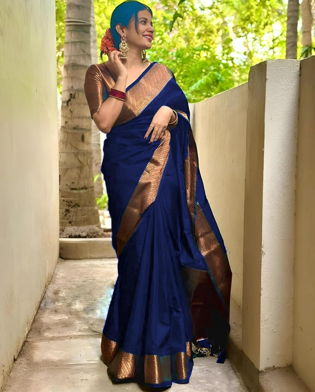 Yashika Banarasi Kanjivaram Cotton and Silk Woven Saree with Unstitched Blouse Navy Blue