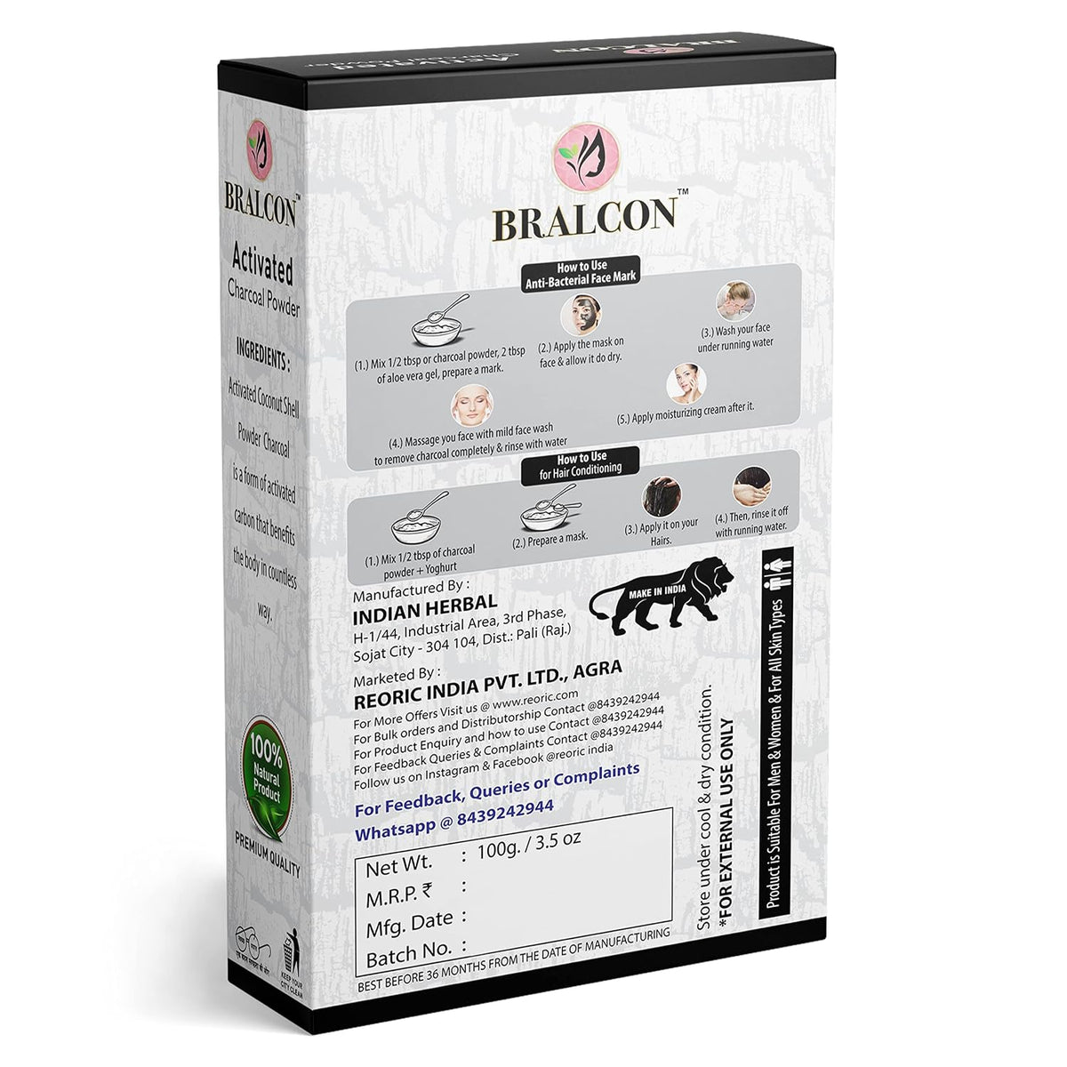 BRALCON Activated Charcoal Powder 100g for Skin & Hair - Coconut Shell Charcoal Powder, All Skin Types, Triple Filtered, Pure & Natural, Oil Control, Exfoliatio