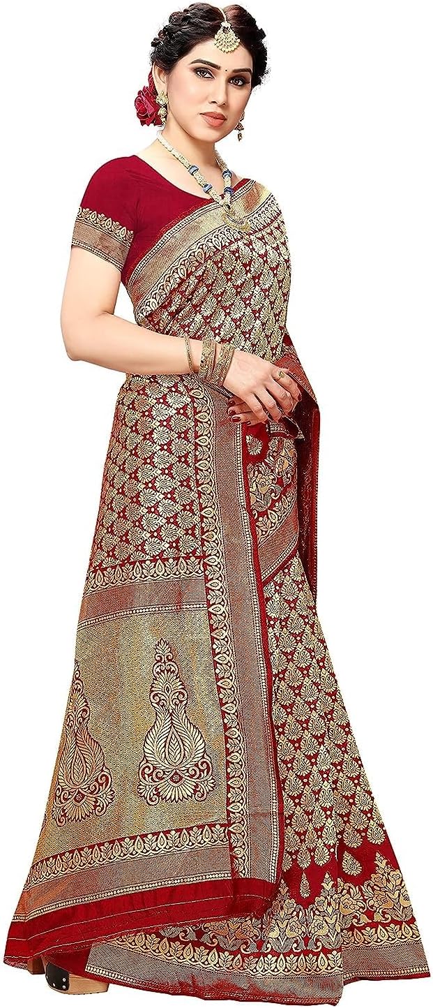 Yashika Banarasi Women's Kanjivaram Navy Silk Saree Red