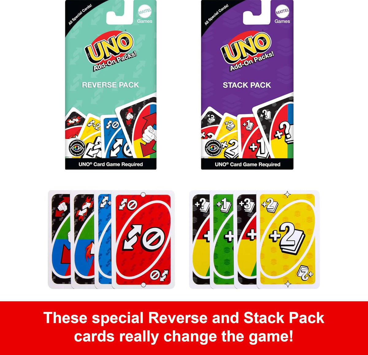 Mattel Games UNO Card Game with 2 Add On Packs with Storage Tin UNO w/Add-On Reverse + Stack Packs