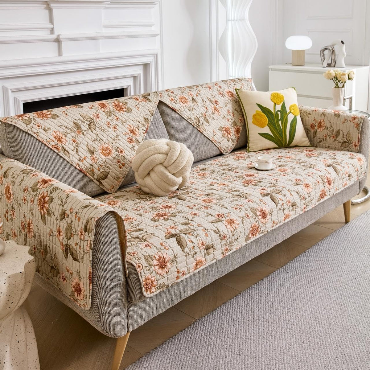 HOMETHREADS Anti-Skid Sofa Protector Mat: Premium Printed Cotton Slipcover with Strong PVC Non-Slip Backing (Beige, 2 Seater | 140x75cm) Beige 2 Seater | 140x75