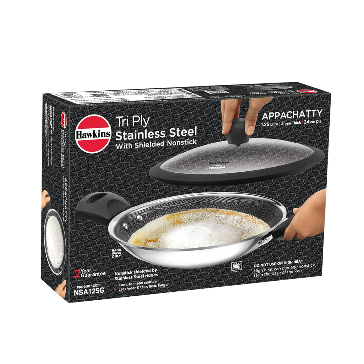 Hawkins 1.25L Breakfast Pan, Nonstick Triply Stainless Steel Appachatty with Glass Lid, Chetty Pan, Appam Patra, Honeycomb Round Bottom Small Kadai, Siler (NSA1
