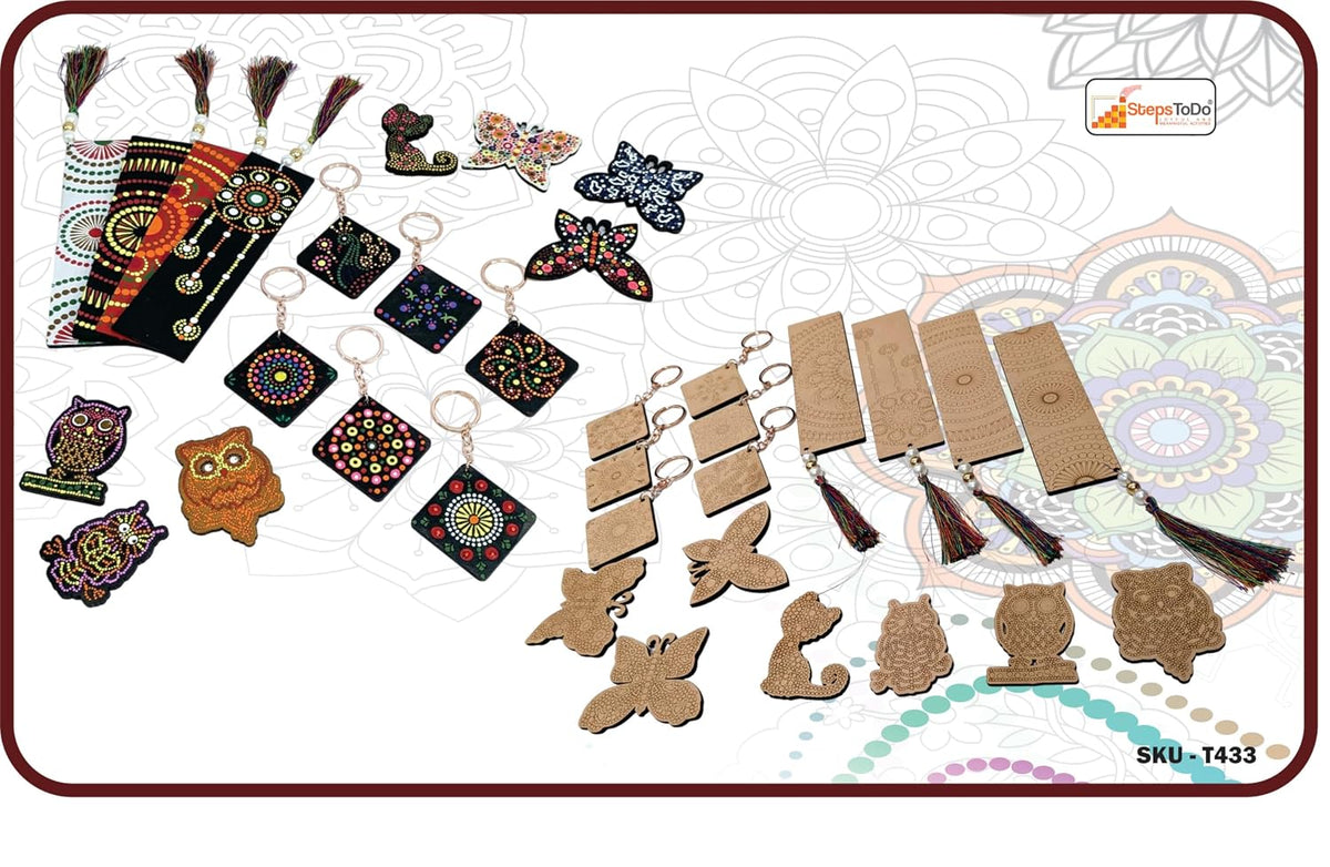 DIY 17 Pieces Ultimate Dot Mandala Painting Kit. Painting Kit with Pre-Mark Wooden Keychain (6), Fridge Magnets (7), Bookmark (4) Tools, Paint Brush, 6 Acrylic