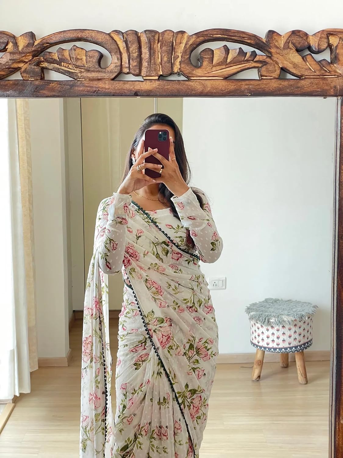 Sidhidata Women's Georgette Digital Printed Ready To Wear one Minute Saree With Unstitched Blouse Piece White