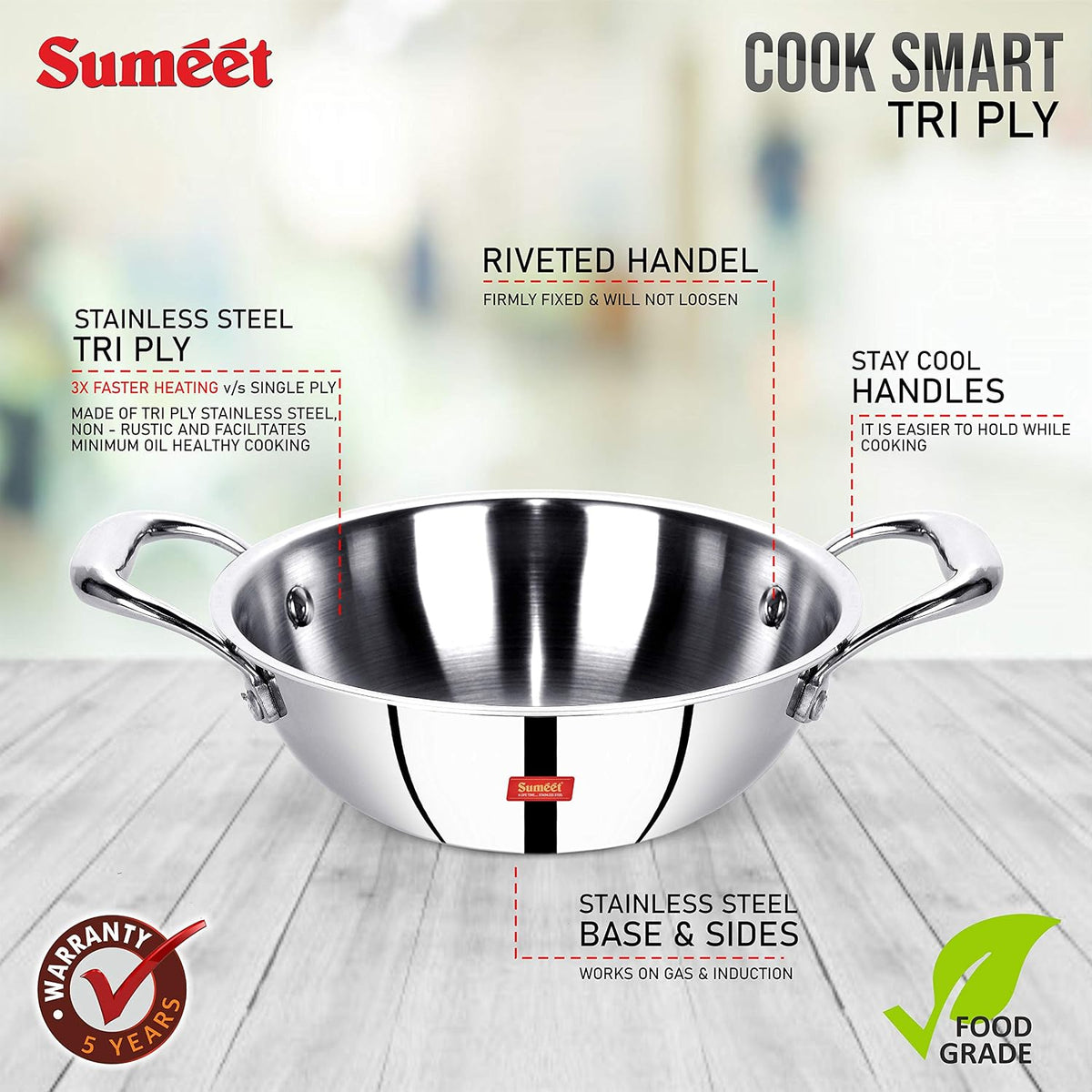 Sumeet Cook Smart TriPly Steel-Aluminium-Steel - 3 Layers Kadhai - 3.25Ltr - 26Cm 3.25 Liter