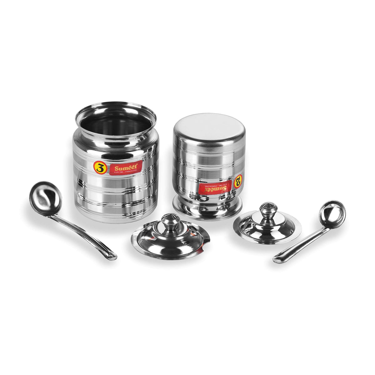 Sumeet Stainless Steel Pot Set for ghee; oil with lid and spoon to scoop out 2 Piece combo of 350ml; 500ml; Silver