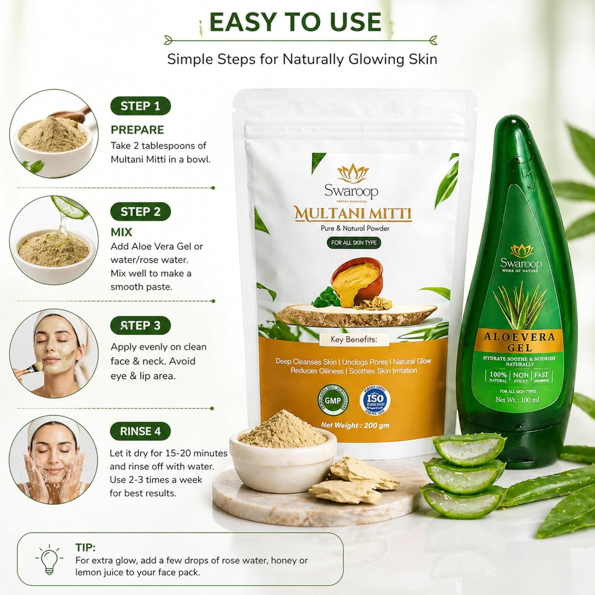 Multani Mitti & Aloe Vera Gel Combo for Skin Care (200g+100ml) | Natural Face Gel, Face Pack Gentle on All Skin for Tan Remover, Moisturizing, Soothing , Cleans