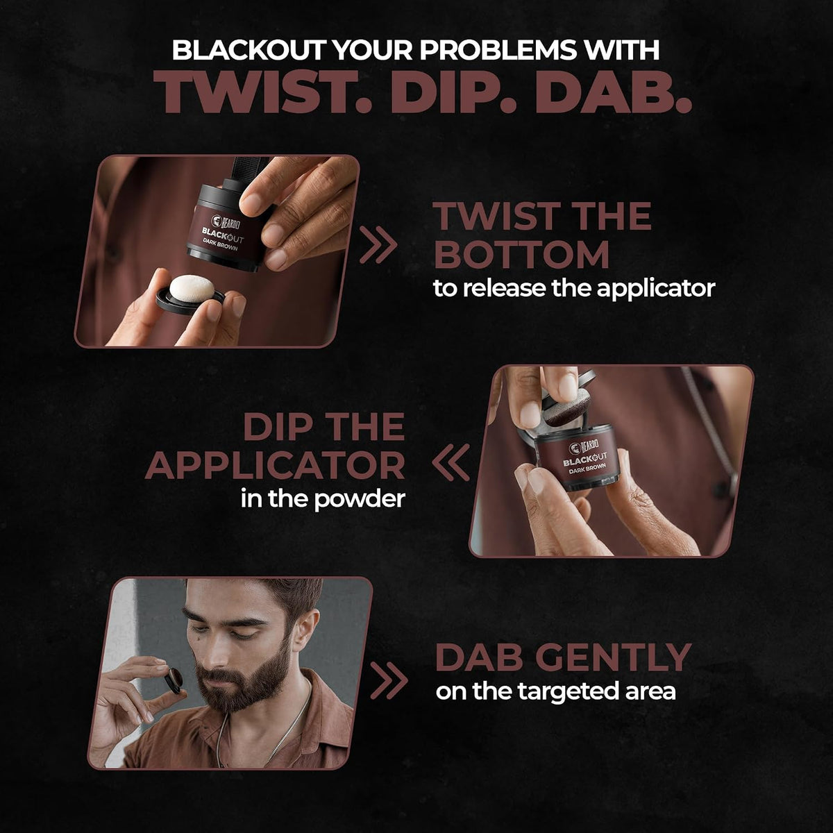 Beardo Blackout Hair Powder 4g - Brown | Root Touch Up for Grey Hair | Instantly Covers Grey Roots, Beard Patches & Bald Spots | Thick Brown Fiber Hairline Powd