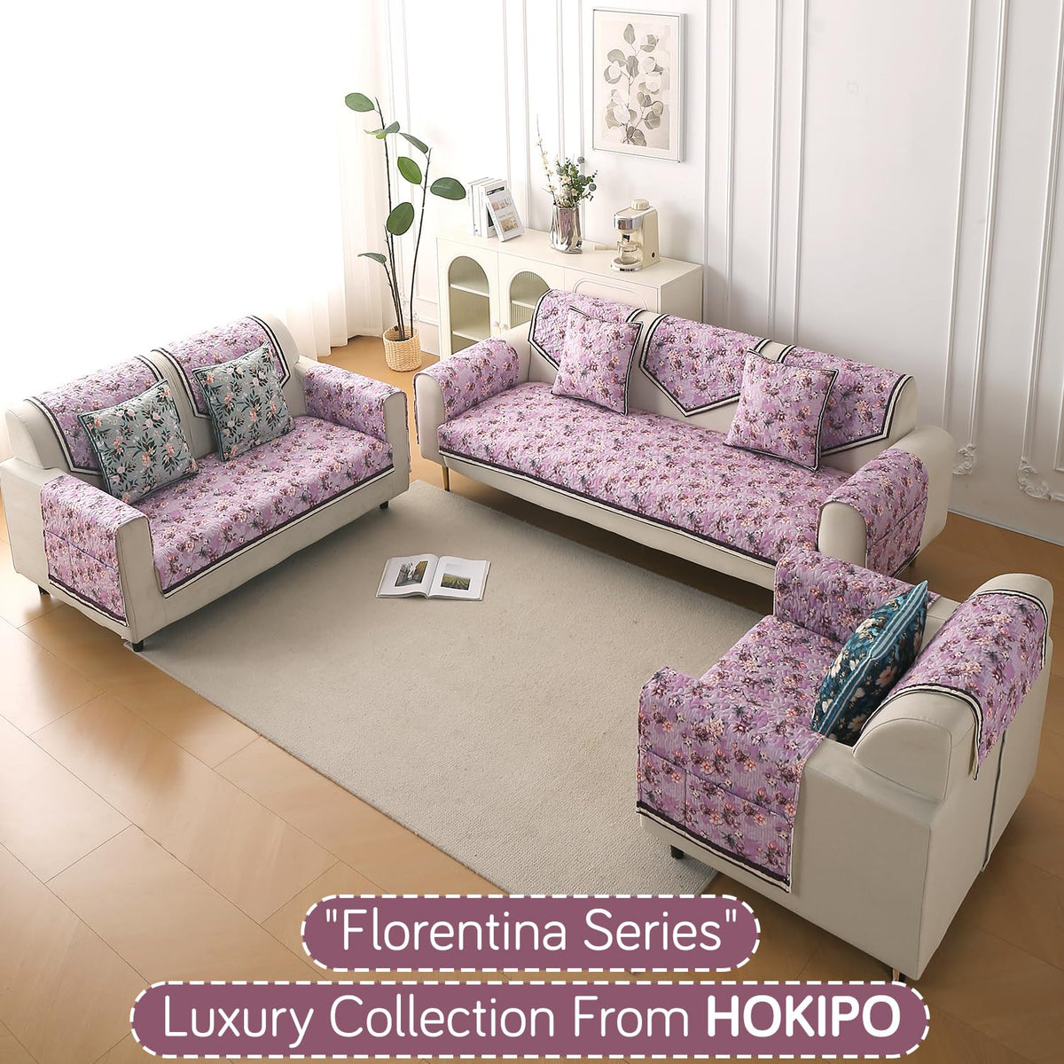 HOKIPO Florentina Sofa Cover Mat 4 Seater 220 cm, Peony Lavender Peony Lavender Mat - 1 Pc Seat - 220 cm