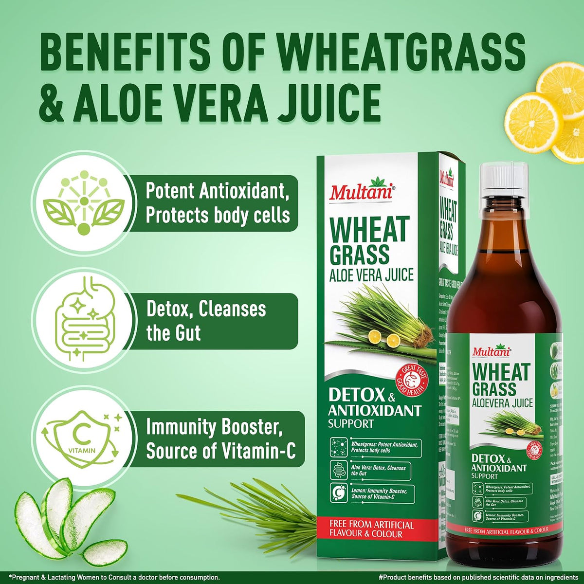 Multani Wheatgrass Aloe Vera Juice 1L | Natural Detox & Gut Cleanse Drink with Wheatgrass, Aloe Vera & Lemon | Rich in Antioxidants & Vitamin C | Immunity Suppo