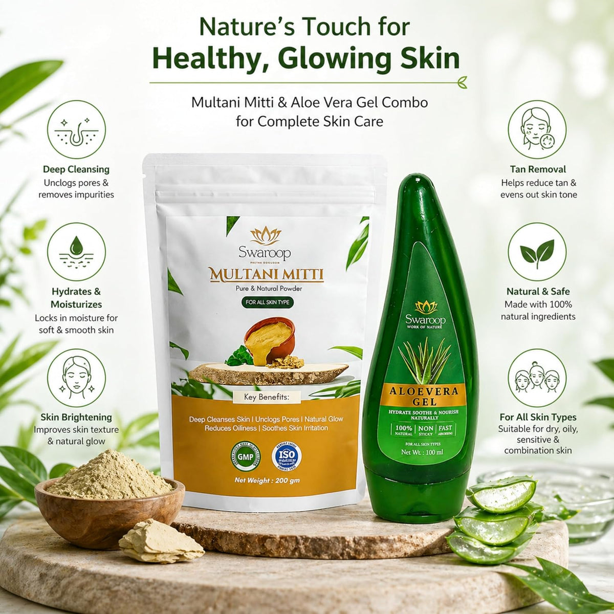 Multani Mitti & Aloe Vera Gel Combo for Skin Care (200g+100ml) | Natural Face Gel, Face Pack Gentle on All Skin for Tan Remover, Moisturizing, Soothing , Cleans