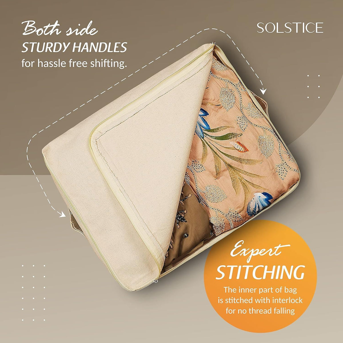 SOLSTICE Cotton Canvas Clothes Storage Bags/Saree Covers with Zip for Storage Specially Design for Woman Dresses, Sarees, Lehengas for Wardrobe Organizer (17 x