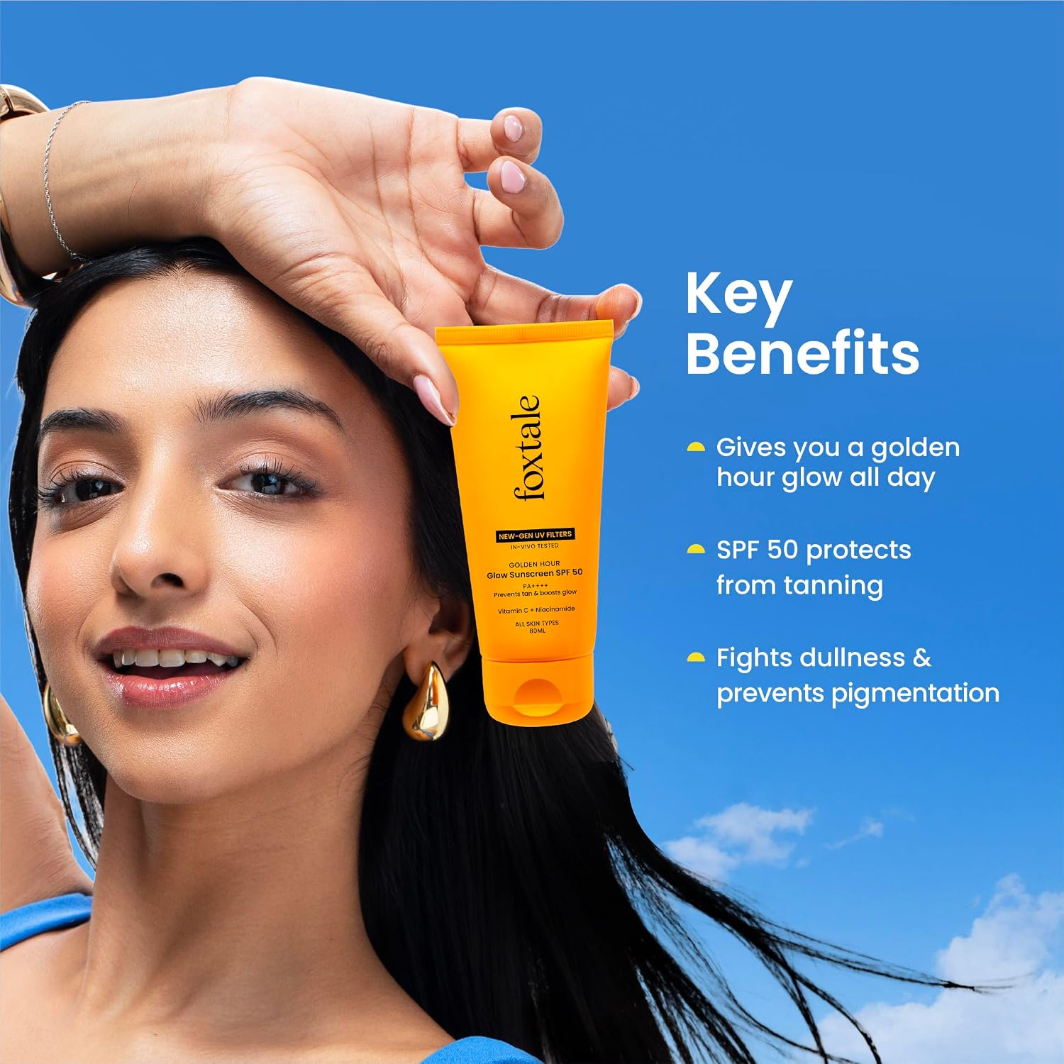 Foxtale Glow Sunscreen SPF 50 PA++++ with Vitamin C & Niacinamide, In-Vivo Tested, Sensitive-Skin Friendly, Made with 100% New-Gen Filters, Lightweight, Non-Greasy, No White Cast |For Men & Women| All Skin Type | 80 Ml