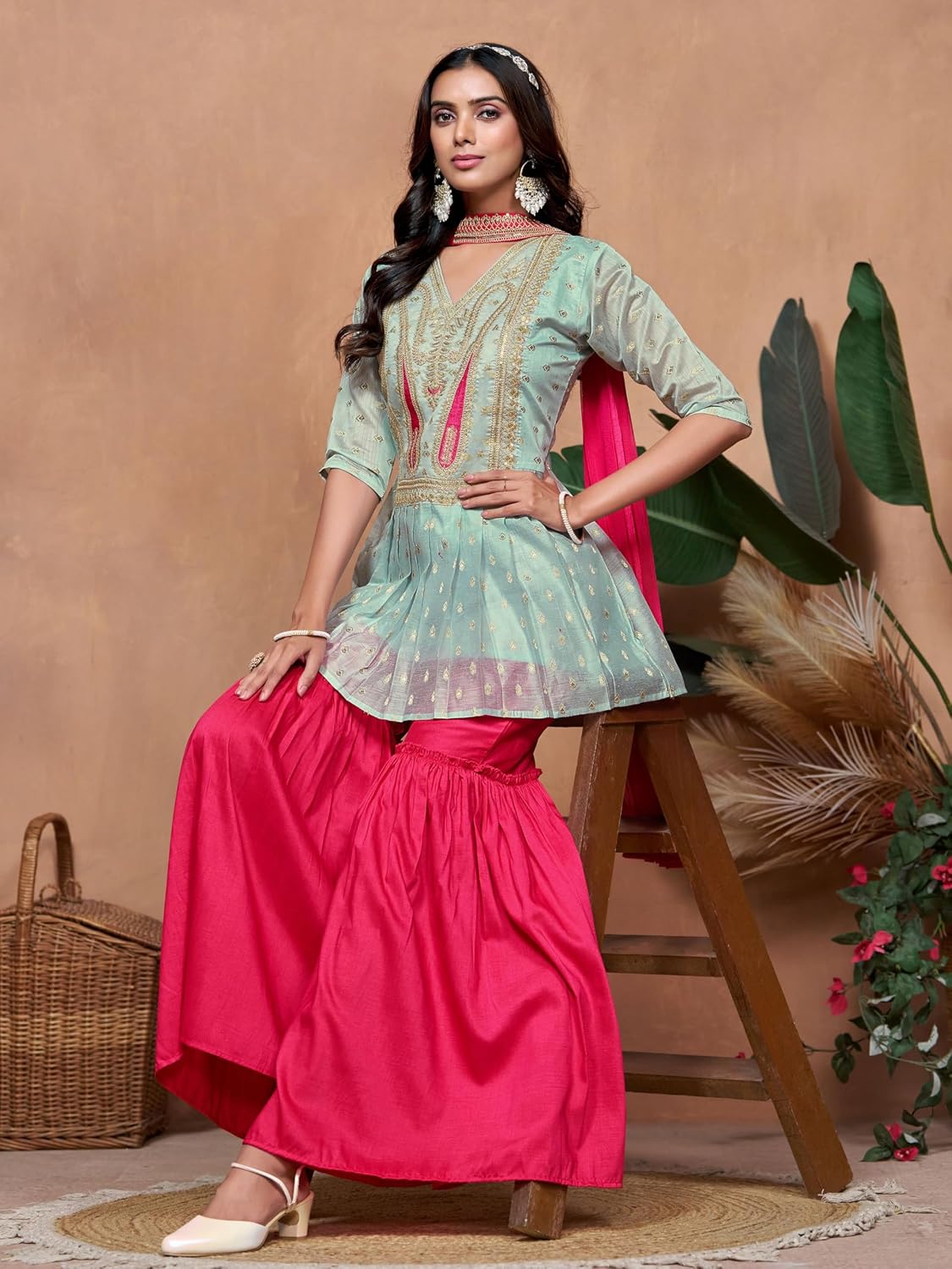 EthnicJunction Women's Chanderi Silk Embroidered A-Line Kurta Sharara with Choker Dupatta Set XX-Large