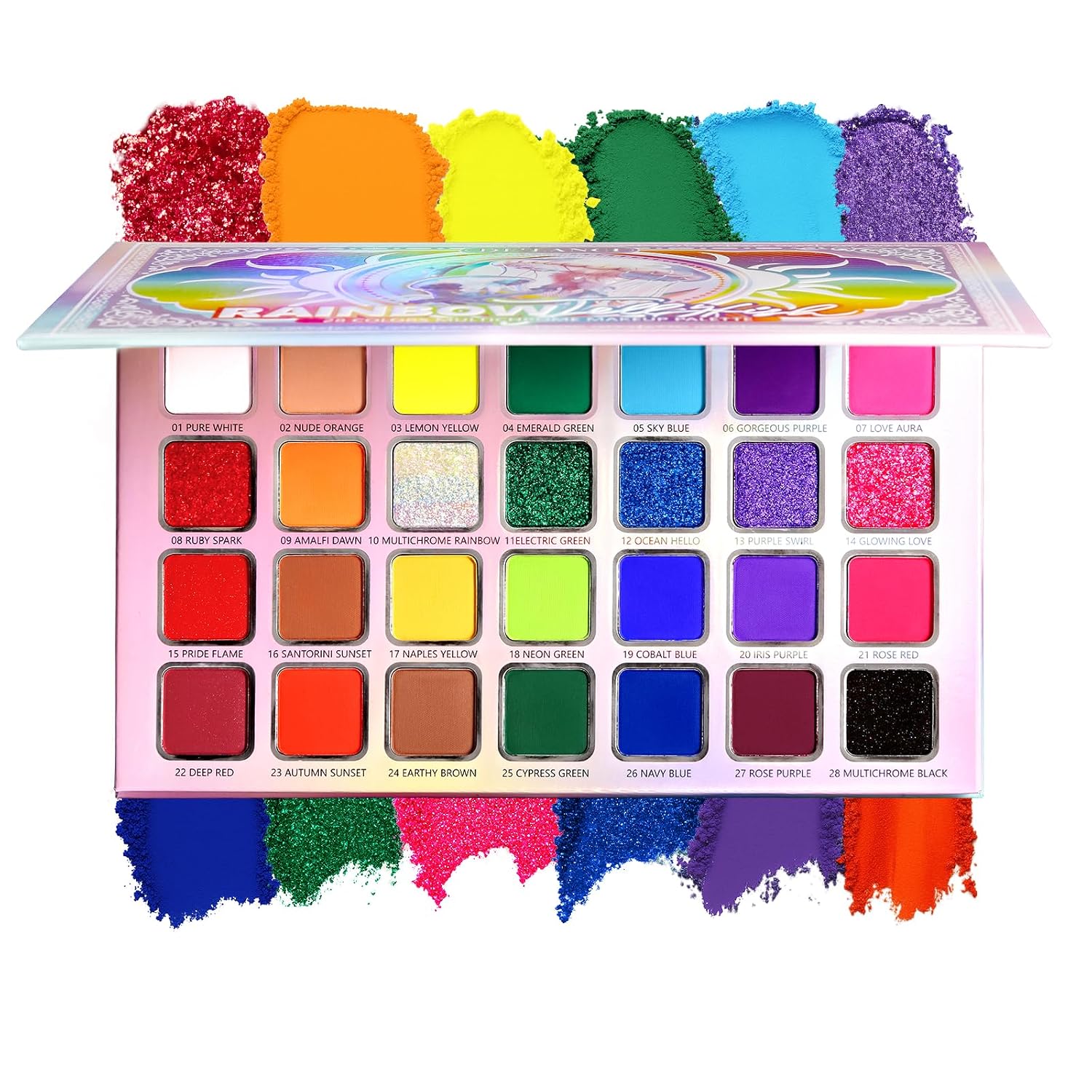 DE'LANCI Colorful EyeshadowPalette, 28 Neon Rainbow Eye Shadow Multi-Colored Metallic Shimmer Matte Makeup Bright Vivid Eye Makeup for Girls & Highly Pigmented Eyeshadow Cosmetics Daily Festival Looks
