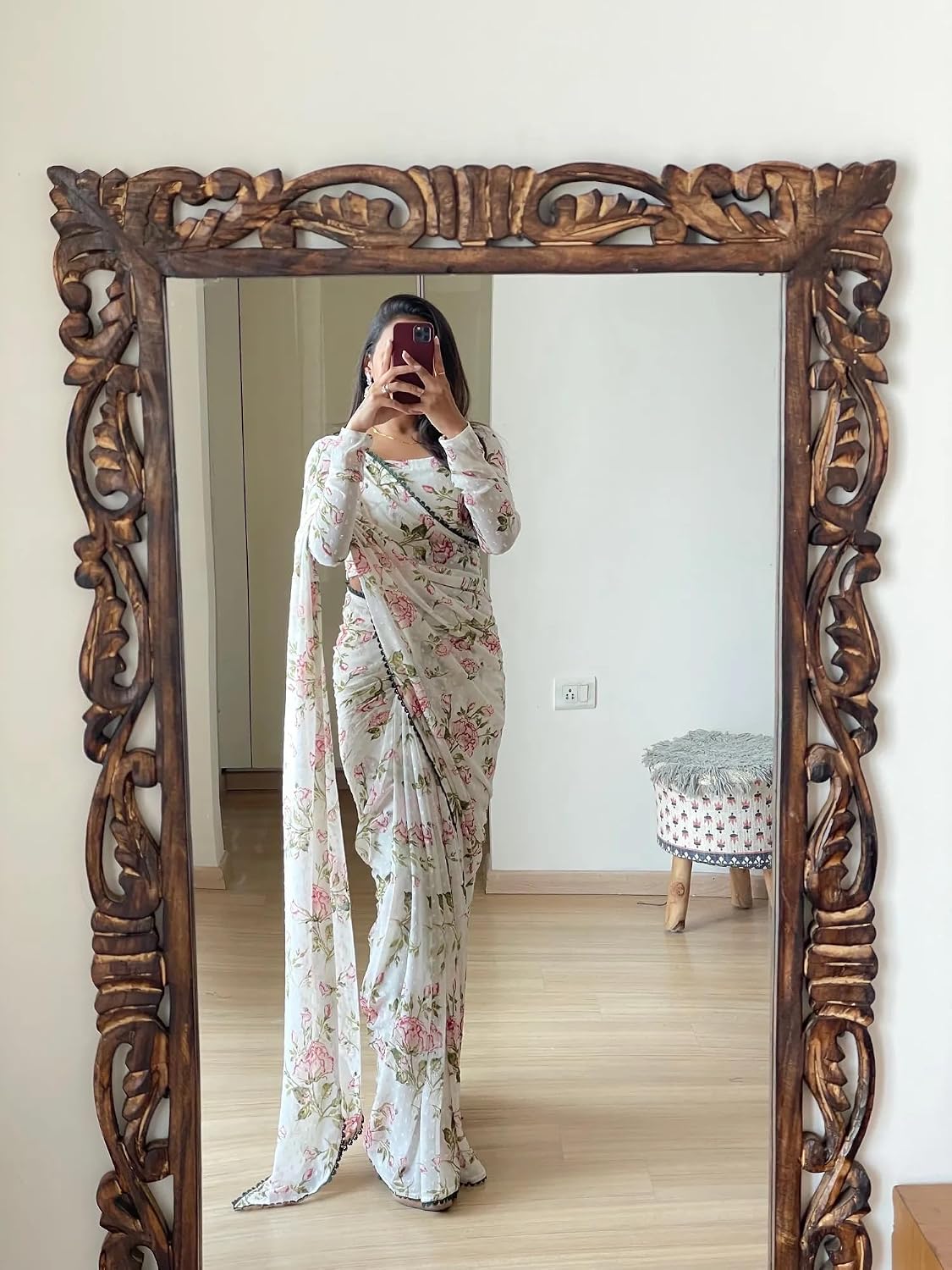 Sidhidata Women's Georgette Digital Printed Ready To Wear one Minute Saree With Unstitched Blouse Piece White