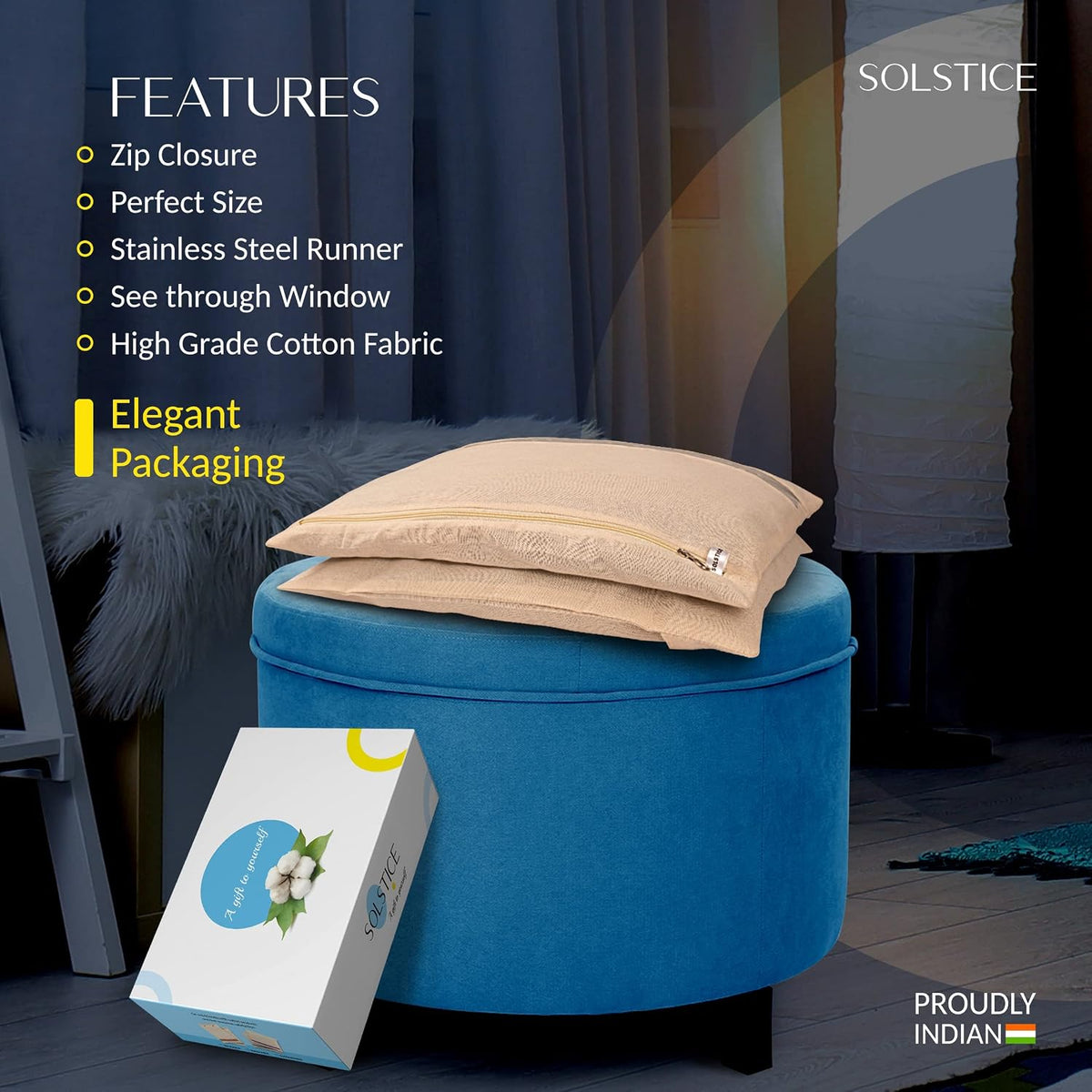 SOLSTICE cotton big saree covers/bags for storage single (18 x 15 Inches) for big silk sarees, lehengas, clothes with Zipper Closure (with Window - Pack of 10),