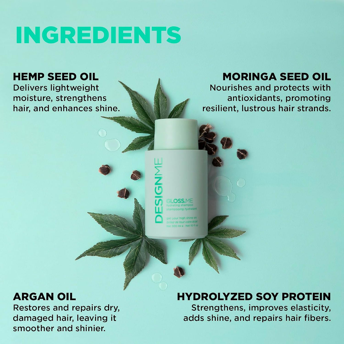 Design.Me GLOSS.ME Hydrating Shampoo | With Hemp & Argan Oil | Adds Softness & Shine | Straight, Wavy, or Curly Hair Shampoo | Sulfate-Free & Color-Safe Moistur