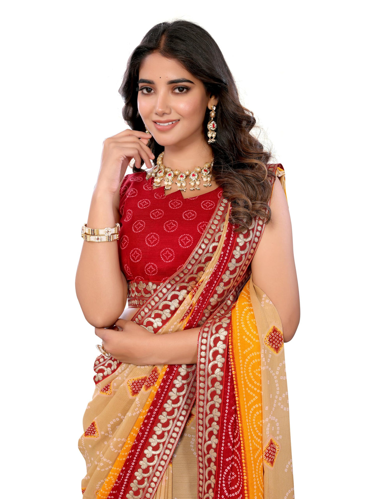 Yashika Women's Ethnic Georgette Saree with Lace and Blouse Chiku Bordeaux