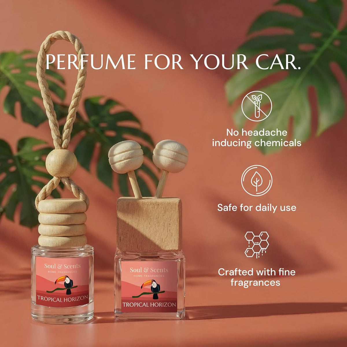 Soul & Scents 16ml Luxury Car Perfumes Raspberry | Tropical Horizon | 2-in-1 Hanging Pod & AC Vent Air Freshener | Premium Wooden Car Fragrance Accessory | Long